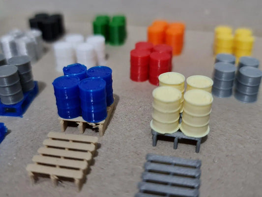 009 00-9 narrow gauge oil drum barrels 40 pack + 10 pallets 1:76 model railway 3D Peak Print