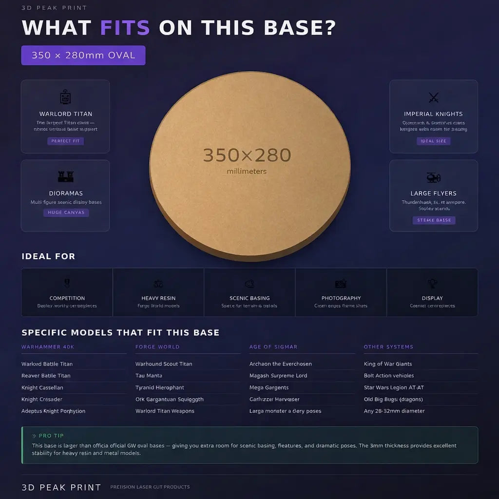 350x280mm Oval MDF Base 3mm Thick Large Display Diorama Titan Wargaming UK 3D Peak Print