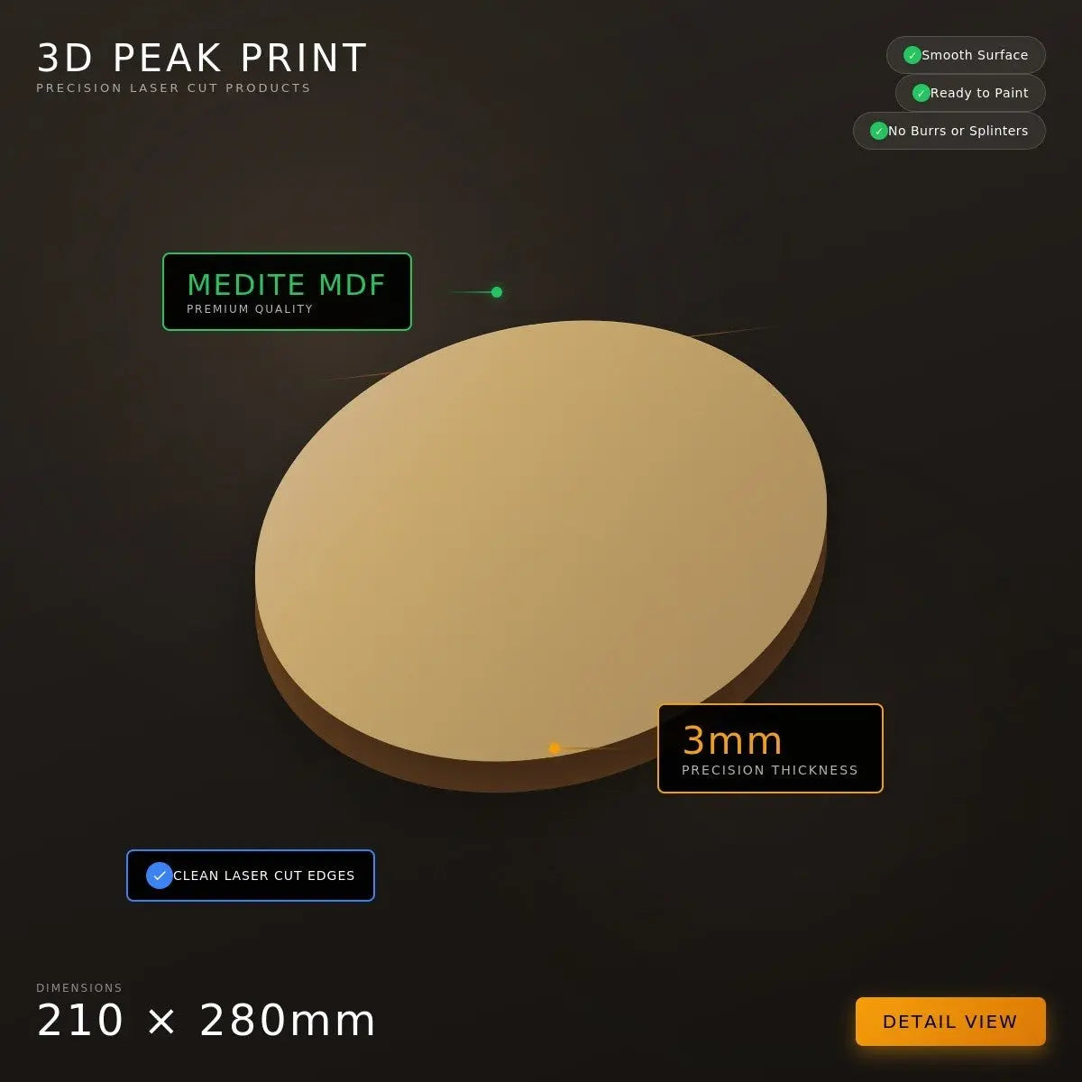 210 x 280mm Oval MDF Base 3mm THICK Premium Medite MDF Precision Laser Cut 3D Peak Print