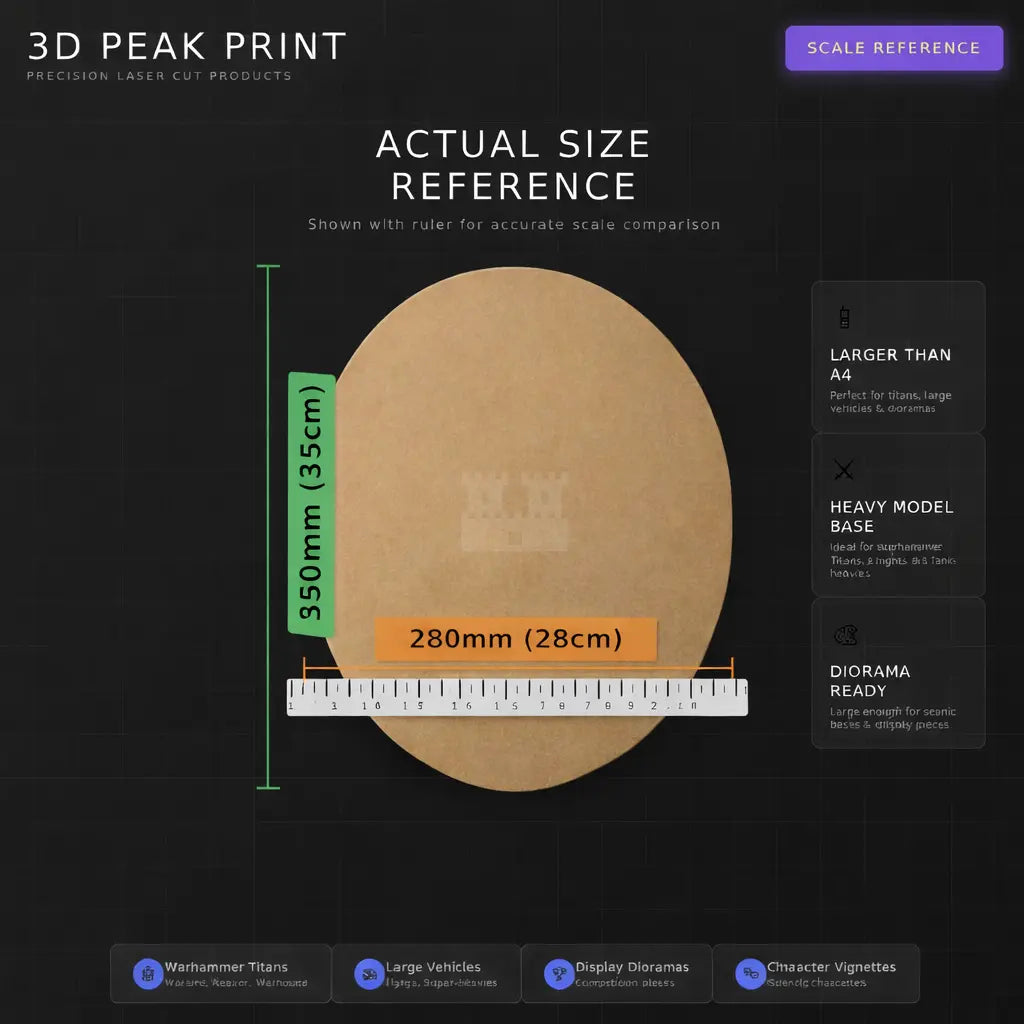 350x280mm Oval MDF Base 3mm Thick Large Display Diorama Titan Wargaming UK 3D Peak Print
