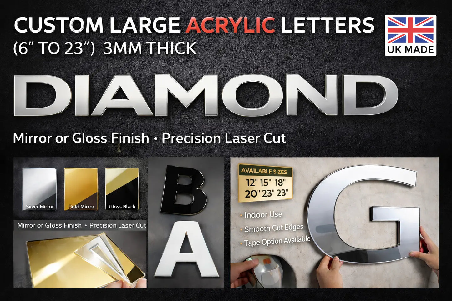 Custom Acrylic Letters 3mm Large Wall Sign Mirror Gold Silver 6”-23” 3D Peak Print