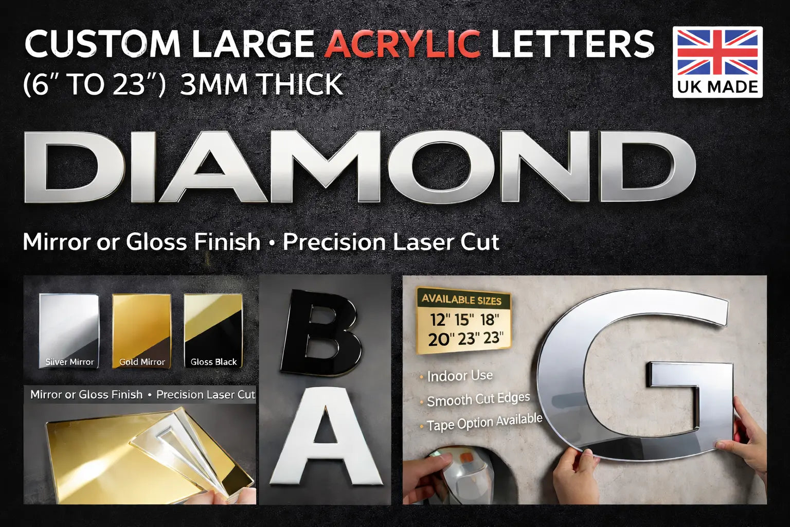 Custom Acrylic Letters 3mm Large Wall Sign Mirror Gold Silver 6”-23” 3D Peak Print
