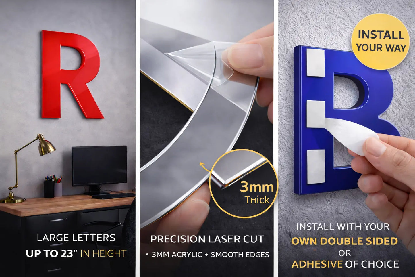 Custom Acrylic Letters 3mm Large Wall Sign Mirror Gold Silver 6”-23” 3D Peak Print